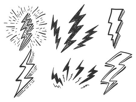 Set of electric lightning, thunder bolt in doodle style. isolated on white background. vector illustrationのイラスト素材