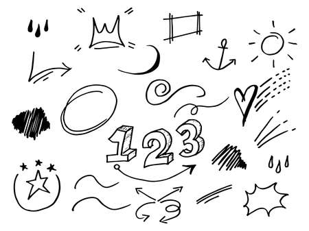 Vector hand drawn collection of design element. curly swishes, swoops, swirl, arrow, heart, love, crown, leaf, star, sun burst, firework, highlight text and emphasis element. use for concept designのイラスト素材