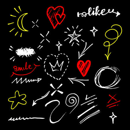 Vector hand drawn collection of design element. curly swishes, swoops, swirl, arrow, heart, love, crown, leaf, star, sun burst, firework, highlight text and emphasis element. use for concept designのイラスト素材