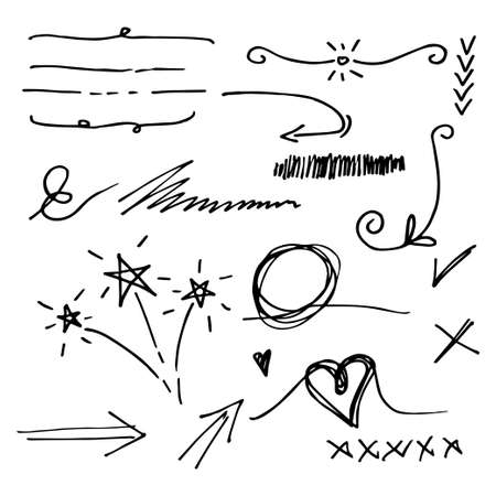 Vector hand drawn collection of design element. curly swishes, swoops, swirl, arrow, heart, love, crown, leaf, star, sun burst, firework, highlight text and emphasis element. use for concept designのイラスト素材