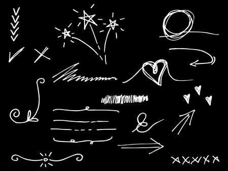Vector hand drawn collection of design element. curly swishes, swoops, swirl, arrow, heart, love, crown, leaf, star, sun burst, firework, highlight text and emphasis element. use for concept designのイラスト素材