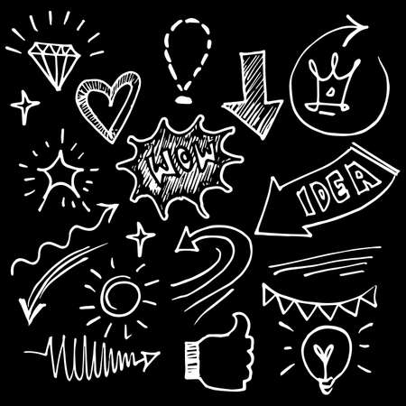 Vector hand drawn collection of design element. curly swishes, swoops, swirl, arrow, heart, love, crown, leaf, star, sun burst, firework, highlight text and emphasis element. use for concept designのイラスト素材