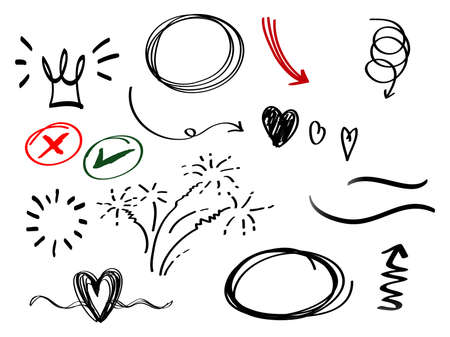 Vector hand drawn collection of design element. curly swishes, swoops, swirl, arrow, heart, love, crown, leaf, star, sun burst, firework, highlight text and emphasis element. use for concept designのイラスト素材