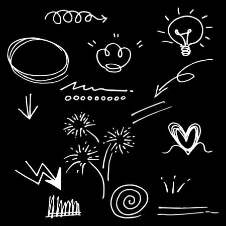 Vector hand drawn collection of design element. with cartoon style. white on blackのイラスト素材