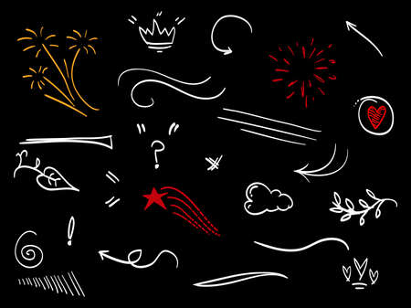 hand drawn set of abstract doodle elements. use for concept design. isolated on black background. vector illustrationのイラスト素材