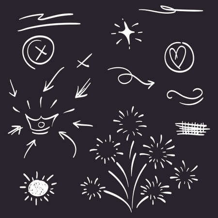 hand drawn set of abstract doodle elements. use for concept design. isolated on black background. vector illustrationのイラスト素材