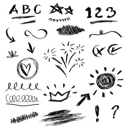 Vector hand drawn. doodles collection of curly arrow. swishes, swoops, swirl, heart, love, crown, firework, highlight text and emphasis element, use for concept designのイラスト素材