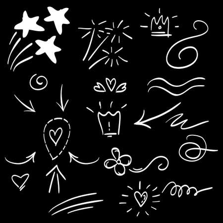 hand drawn set of abstract doodle elements. use for concept design. isolated on black background. vector illustrationのイラスト素材