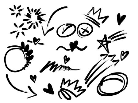 Vector hand drawn collection of curly swishes, swoops, swirl, heart, love, crown, flower, star, firework, highlight element and emphasis doodles, black on white backgroundのイラスト素材