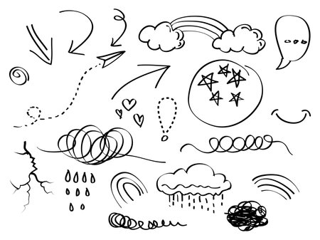 hand drawn set of abstract comic doodle elements. use for concept design. isolated on white background. vector illustrationのイラスト素材