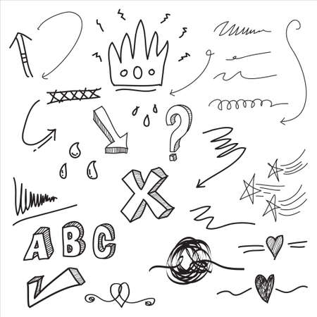 hand drawn set of abstract comic doodle elements. use for concept design. isolated on white background. vector illustrationのイラスト素材