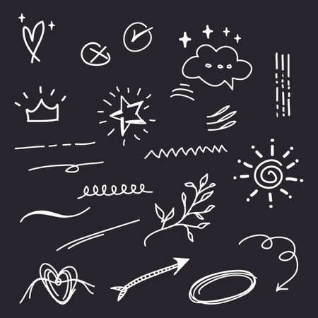 hand drawn set of abstract doodle elements. use for concept design. isolated on black background. vector illustrationのイラスト素材