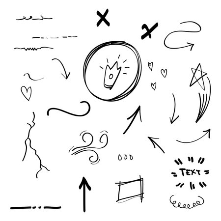 hand drawn set of abstract comic doodle elements. with star, swirl, swoosh, crown, wind, arrow, text emphasis. isolated on white background. vector illustrationのイラスト素材