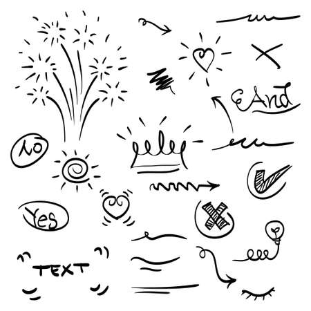 Vector hand drawn. doodles collection of curly arrow. swishes, swoops, swirl, heart, love, crown, firework, highlight text and emphasis element, use for concept designのイラスト素材