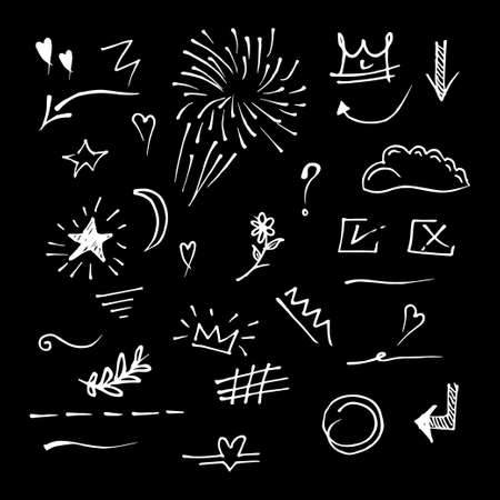 Vector hand drawn collection of design element. curly swishes, swoops, swirl, arrow, heart, love, crown, flower, star, starburst, firework, highlight text and emphasis element. use for concept designのイラスト素材