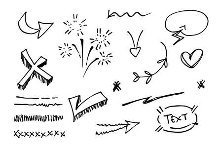 Vector hand drawn collection of design element. curly swishes, swoops, swirl, arrow, heart, love, crown, leaf, star, sun burst, firework, highlight text and emphasis element. use for concept designのイラスト素材