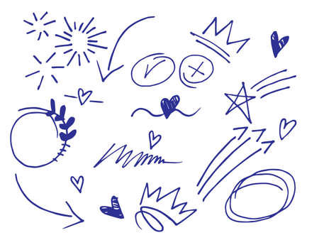 Hand drawn vector set elements. Arrow, heart, love, star, leaf, flower, crown, king, queen,Swishes, swoops, emphasis ,swirl, heart, for concept designのイラスト素材