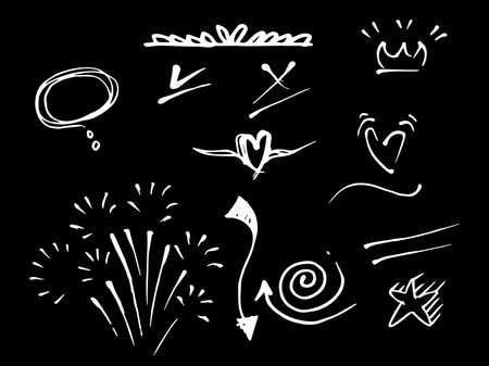 Vector doodle set of design element. curly swishes, swoosh, swoops, swirl, arrow, heart, love, crown, flower, star, firework, highlight text and emphasis element. use for concept designのイラスト素材