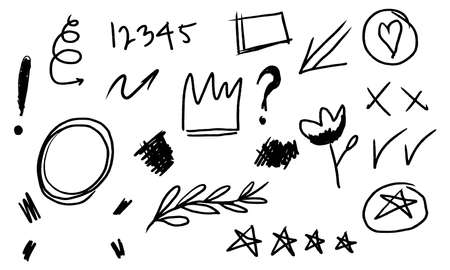 hand drawn set of abstract doodle elements with crown, star, swirl, swoosh, scribble, arrow, text emphasis. isolated on white background. vector illustrationのイラスト素材