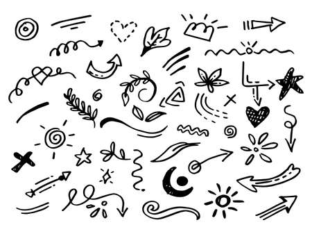 Vector hand drawn collection of design element. curly swishes, swoops, swirl, arrow, heart, love, crown, leaf, star, sun burst, firework, highlight text and emphasis element. use for concept designのイラスト素材