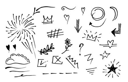 Vector hand drawn collection of design element. curly swishes, swoops, swirl, arrow, heart, love, crown, flower, star, starburst, firework, highlight text and emphasis element. use for concept designのイラスト素材