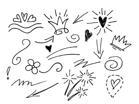 hand drawn design element set. swishes, swoops, swirl, arrow, heart, love, crown, flower, highlight text and emphasis element, black on white background, use for concept designのイラスト素材