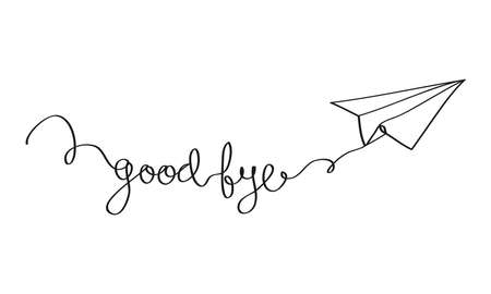 Hand drawn Paper plane continuous one line drawing with phrase good bye. Symbol of creative and travel, route. vector illustrationのイラスト素材