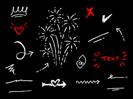 Vector hand drawn collection of design element. curly swishes, swoops, swirl, arrow, heart, love, crown, leaf, star, sun burst, firework, highlight text and emphasis element. use for concept designのイラスト素材