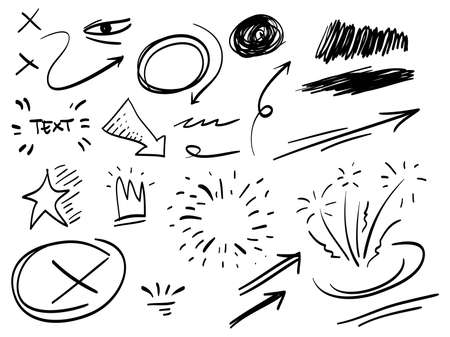 hand drawn set of abstract comic doodle elements. with crown, fireworks, swirl, swoosh, scribble, arrow, text emphasis. isolated on white background. vector illustrationのイラスト素材
