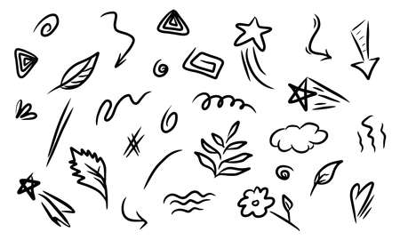 hand drawn set of abstract doodle elements with plant, star, swirl, swoosh, scribble, arrow, text emphasis. isolated on white background. vector illustrationのイラスト素材