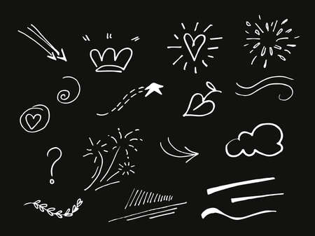 Vector doodle set of design element. curly swishes, swoosh, swoops, swirl, arrow, heart, love, crown, flower, star, firework, highlight text and emphasis element. use for concept designのイラスト素材