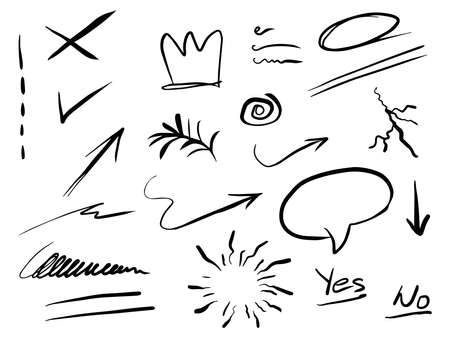 hand drawn set of abstract doodle elements with crown, crack, swirl, swoosh, scribble, starburst, arrow, text emphasis. isolated on white background. vector illustrationのイラスト素材