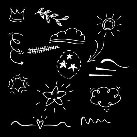 Vector hand drawn collection of design element. curly swishes, swoops, swirl, arrow, heart, love, crown, flower, star, starburst, firework, highlight text and emphasis element. use for concept designのイラスト素材