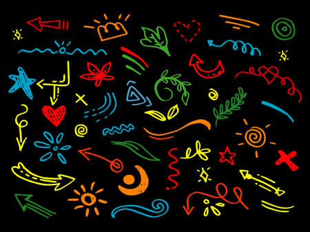 Vector hand drawn collection of design element. curly swishes, swoops, swirl, arrow, heart, love, crown, leaf, star, sun burst, firework, highlight text and emphasis element. use for concept designのイラスト素材
