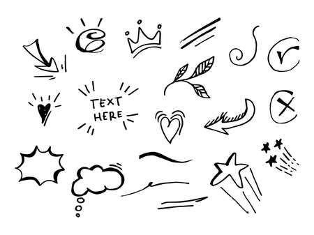 Vector hand drawn collection of design element. curly swishes, swoops, swirl, arrow, heart, love, crown, leaf, star, sun burst, firework, highlight text and emphasis element. use for concept designのイラスト素材