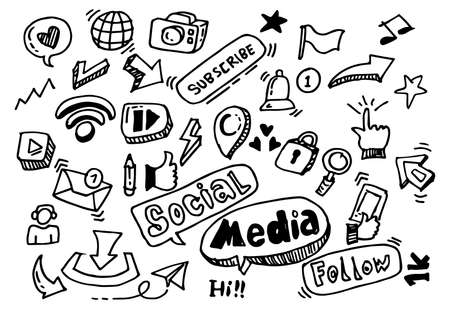 hand drawn of doodle Objects and symbols on the Social Media element. Vector illustrationのイラスト素材