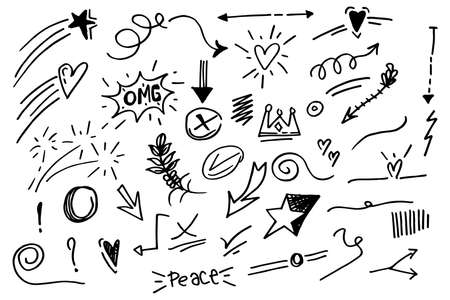 Vector hand drawn collection of design element. curly swishes, swoops, swirl, arrow, heart, love, crown, leaf, star, sun burst, firework, highlight text and emphasis element. use for concept designのイラスト素材
