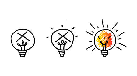 Doodle hand drawn light bulb icon with concept of idea. solution. isolated on white background. vector illustrationのイラスト素材