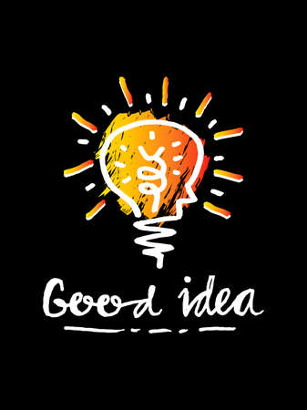 Doodle hand drawn light bulb icon with concept of idea. solution. isolated on black background. vector illustrationのイラスト素材