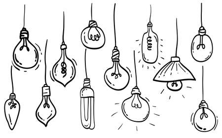Vector set of hand drawn light bulb set. idea concept with lightbulbs doodle illustrationのイラスト素材