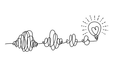 scribble line doodles. the concept of transition from complicated to simple with bulb lamp, isolated on white background. vector illustrationsのイラスト素材