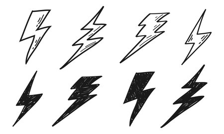 Set of electric lightning, thunder bolt in doodle style. isolated on white background. vector illustrationのイラスト素材