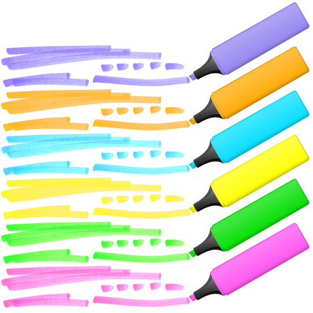six colored highlighters with different hand drawn markingsのイラスト素材
