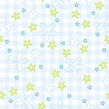 Blue and green flowers on seamless checkered table cloth backgroundのイラスト素材