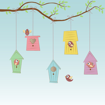 colored birds houses hanging on to some tree with birdsのイラスト素材