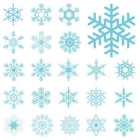 collection of different blue snowflakes on white backgroundのイラスト素材