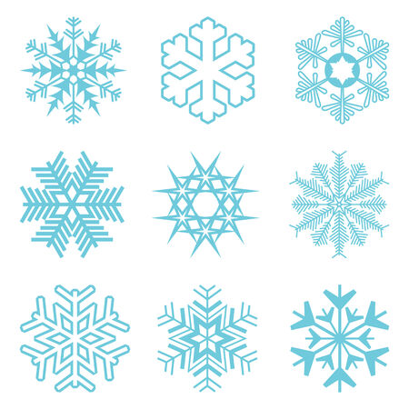 collection of different blue snowflakes on white backgroundのイラスト素材