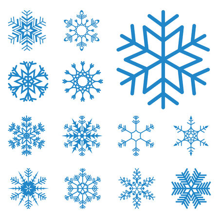 collection of different blue snowflakes on white backgroundのイラスト素材