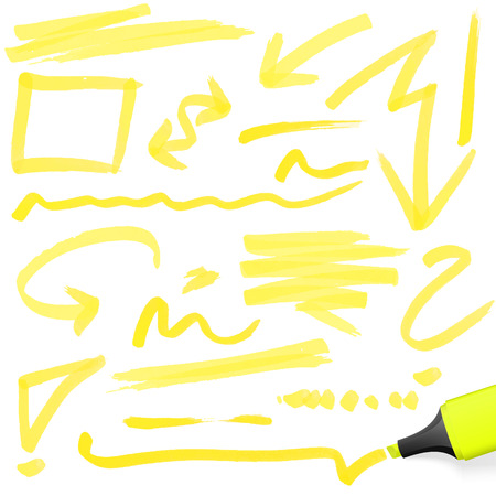 yellow colored highlighter with different hand drawn markingsのイラスト素材