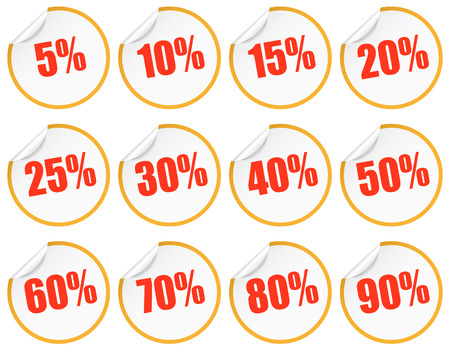 collection of white with yellow discount stickers with text 5-90 percentageのイラスト素材